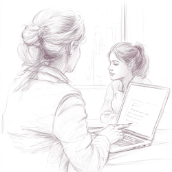 Sketch of a woman seated at a desk with a laptop, viewed from the back-right. In the background, a young female intern is seated on the opposite side of the desk