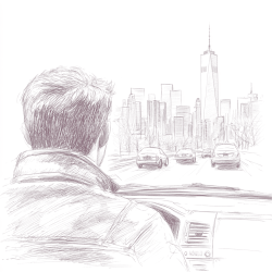 Sketch of a man driving a car on a highway, viewed from the back-right. In the horizon, the NYC skyline is visible, including the WTC Freedom Tower and other tall buildings