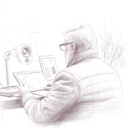 Sketch of an older man with white/gray hair seated at a desk with a laptop. In the background, there’s a plant, a table, a speaker on an arm, and a small audio console, resembling a music studio. He appears focused on the laptop. Viewed from the back-left