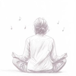 Sketch of a woman seated on the floor in a meditation posture, with musical notes floating around her. Viewed from behind