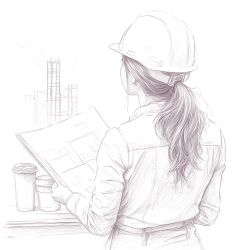 Sketch of a young woman with a hard hat and long hair, holding an architectural plan and looking at a department renovation scene with paint cans and construction materials. Viewed from the back-left